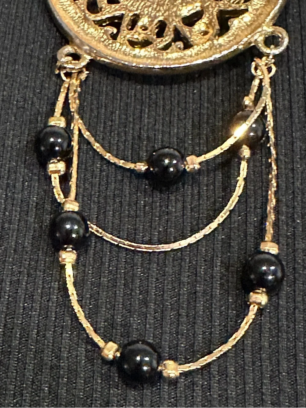 Vintage 1970s Victorian Revival Gold Tone Swag Brooch with Black Bead Dangles